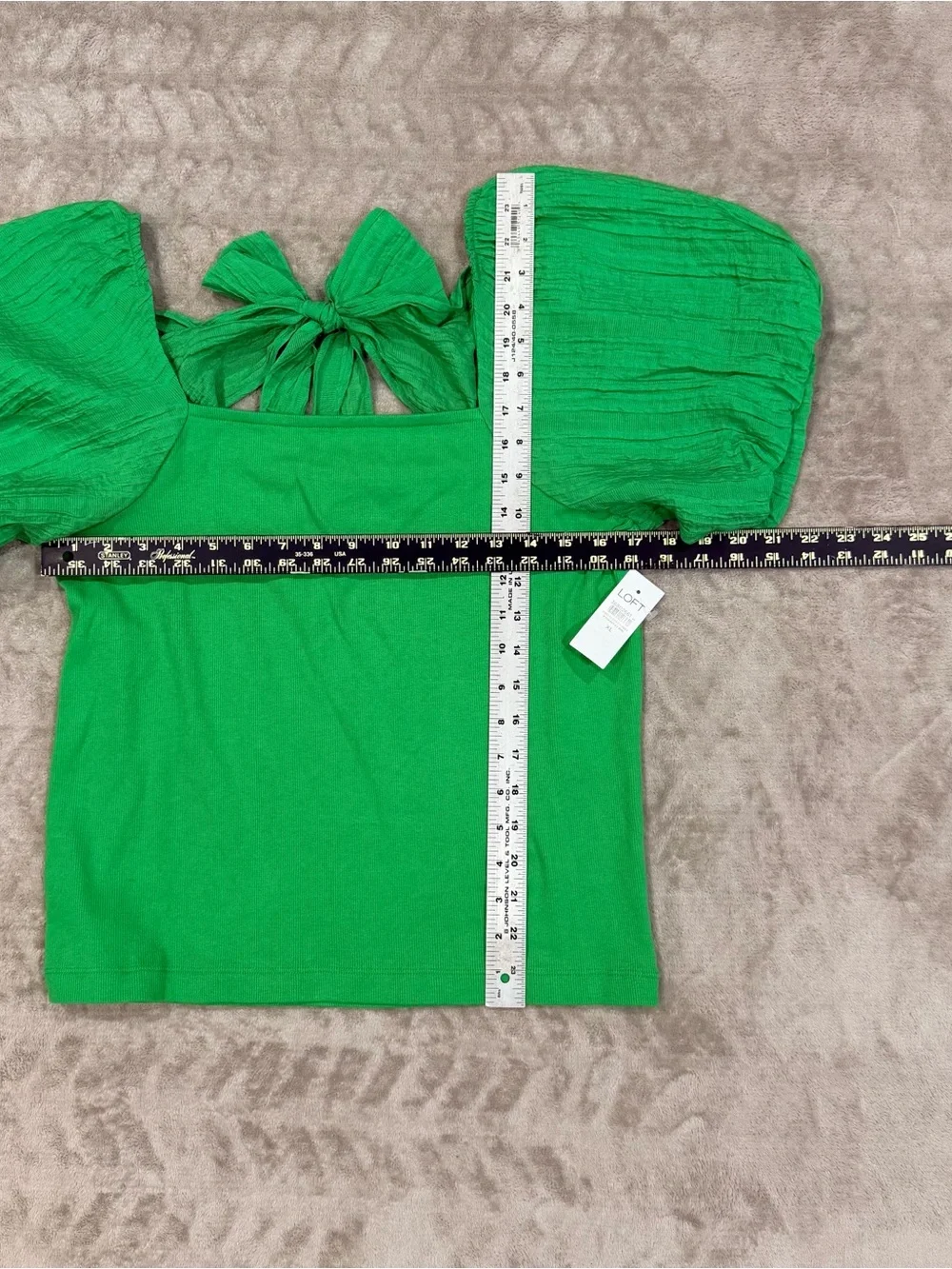 LOFT Green Puff Short Sleeve Tie Back Square Neck Top Blouse NWT Size XL